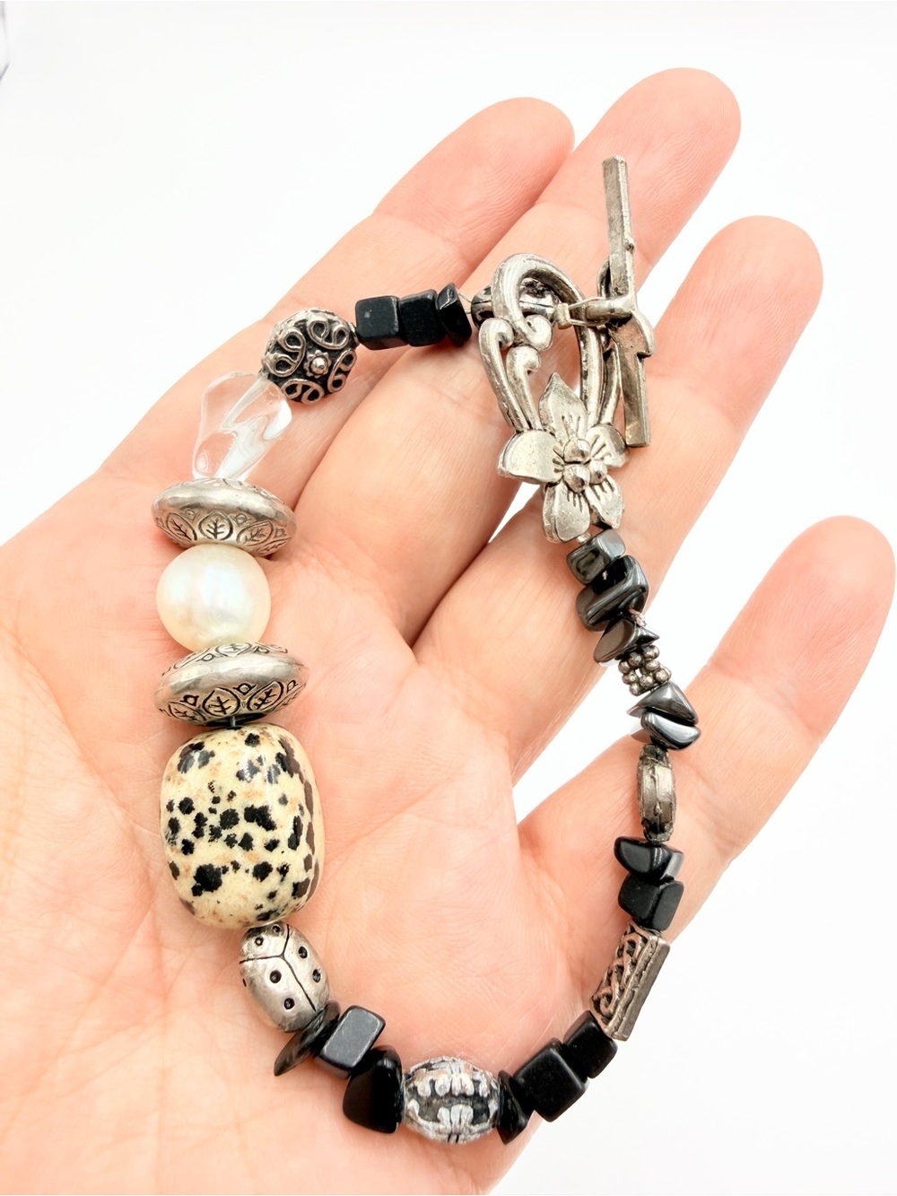 Vintage Gemstone Pearl Crystal Beaded Bracelet Floral Toggle Silver Tone